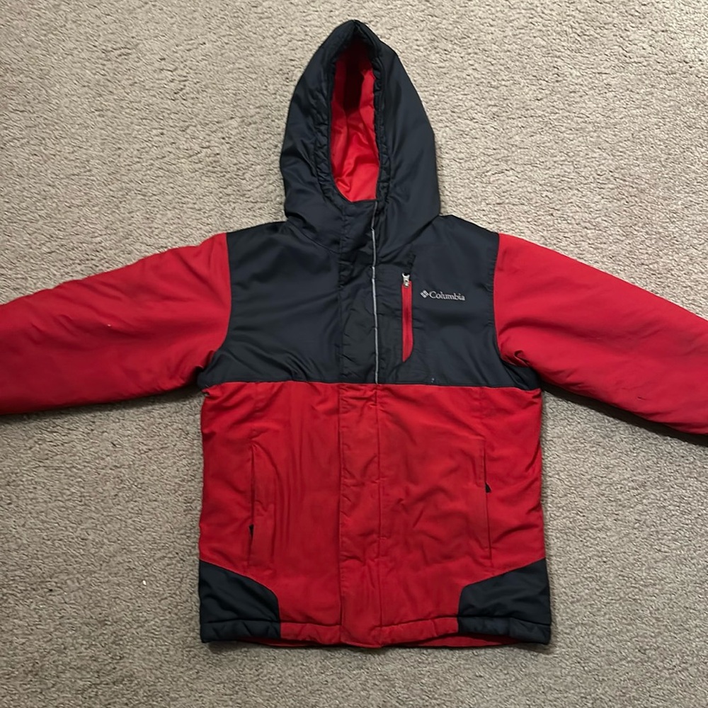 Columbia Boys Puffer Jacket Hooded Winter Coat Red Black Colorblock Size M